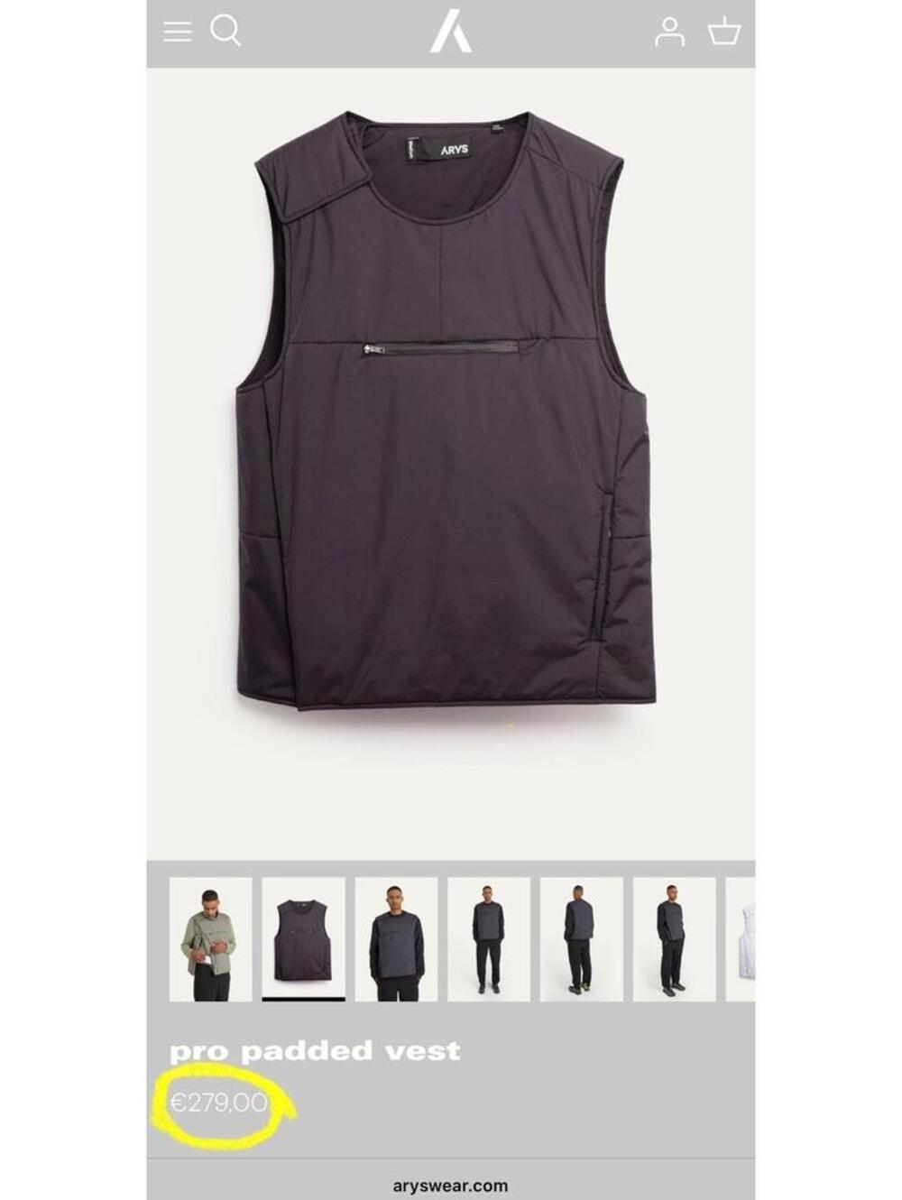 NEW $320 ARYS PRO PADDED VEST MEN MEDIUM MAGNETIC CLOSURE EUROPEAN STREETWEAR